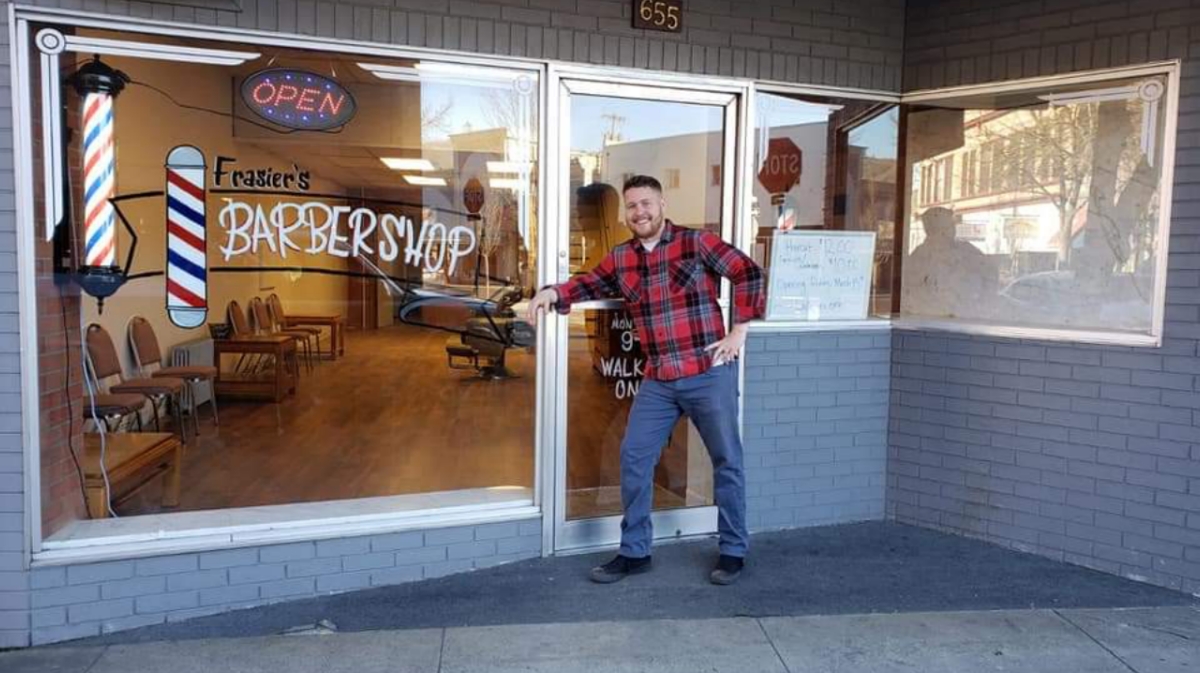 Frasier's Barbershop hand-painted window and barber pole